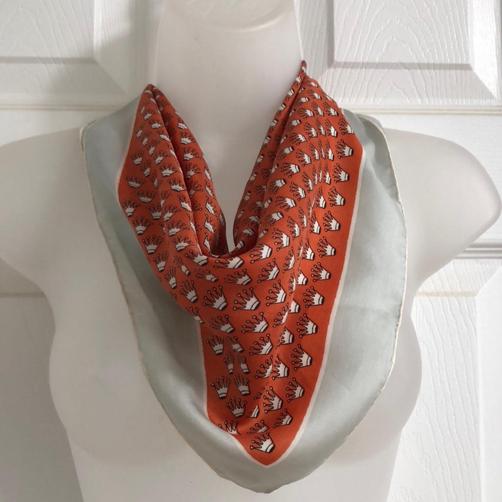 60s Crown Print Novelty Silk Scarf With Hand Rolled Hem